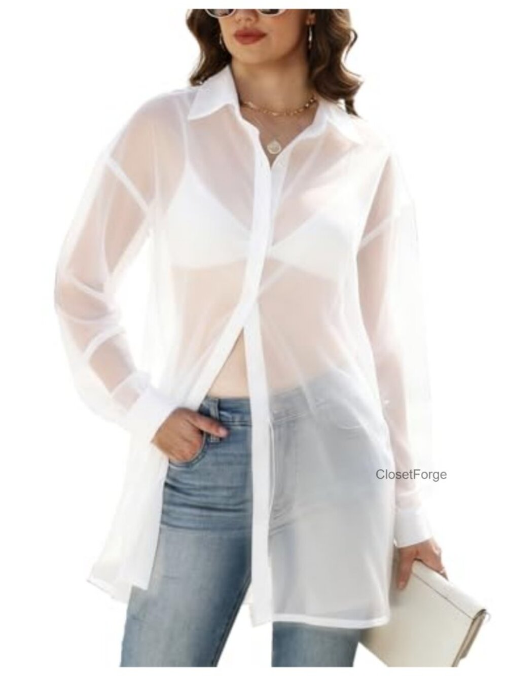 See Through Sheer Mesh Button Down Blouse Long Sleeve Women's Sexy Top